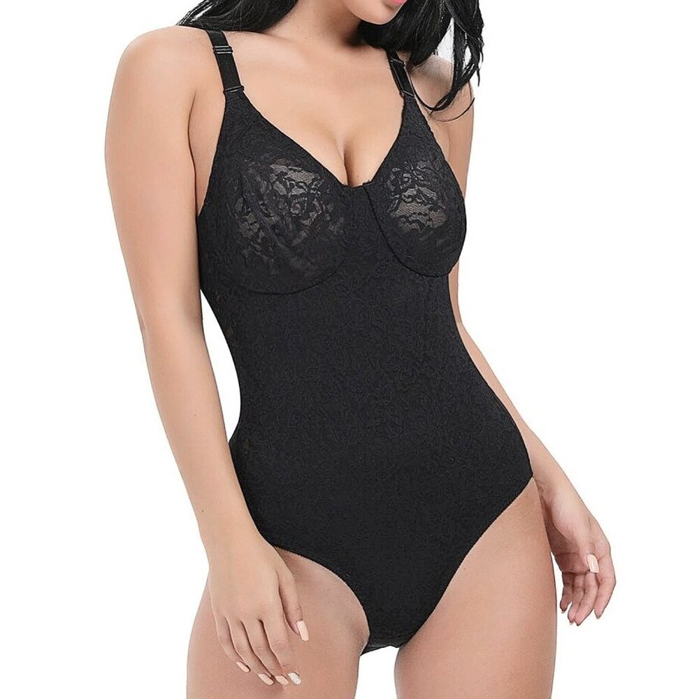 Deep V-Neck Plunging Backline Lace Bodysuit Shapewear with Underwire Bra XL